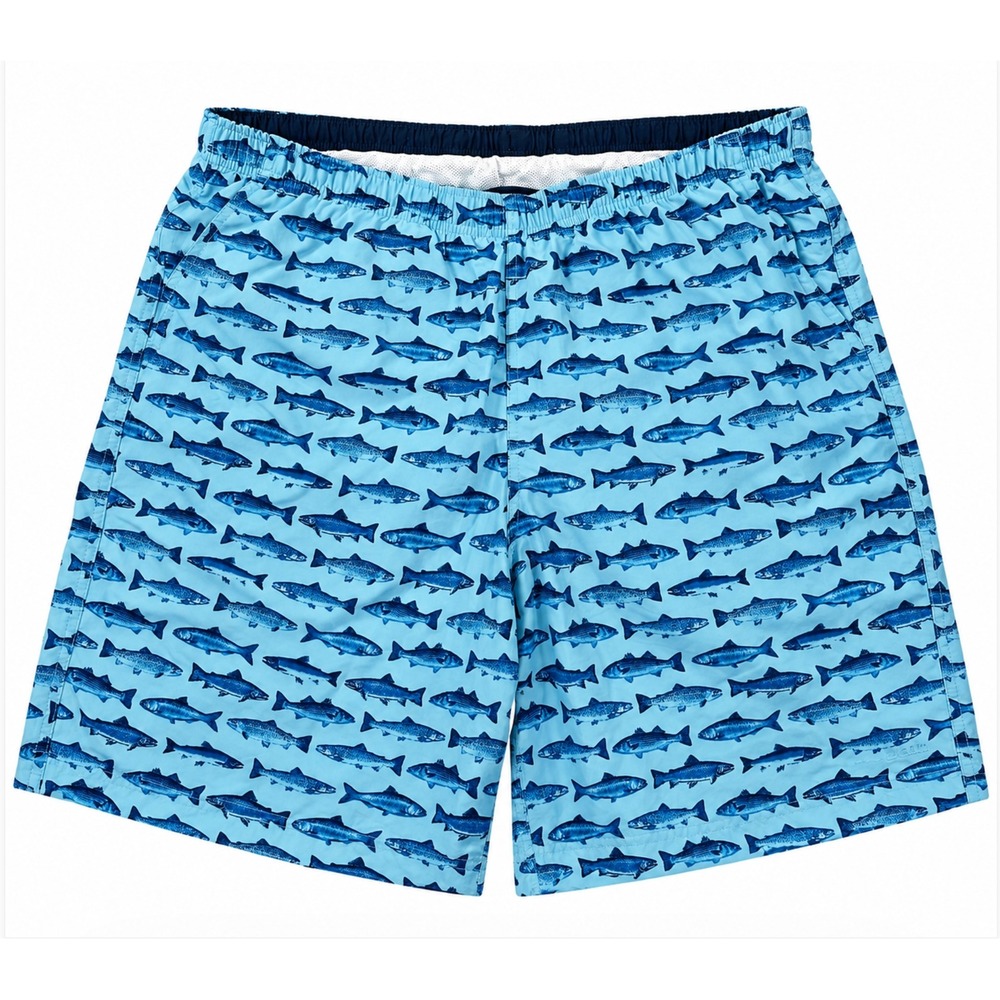 New LL Bean Swim Trunks Large Blue Fish Trout Print Supplex Nylon Shorts 7in